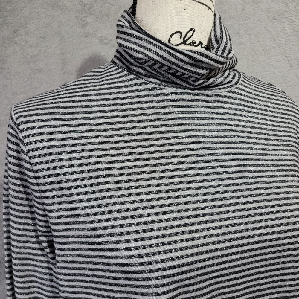 Talbots large grey & black glitter metallic striped turtleneck top scene goth
